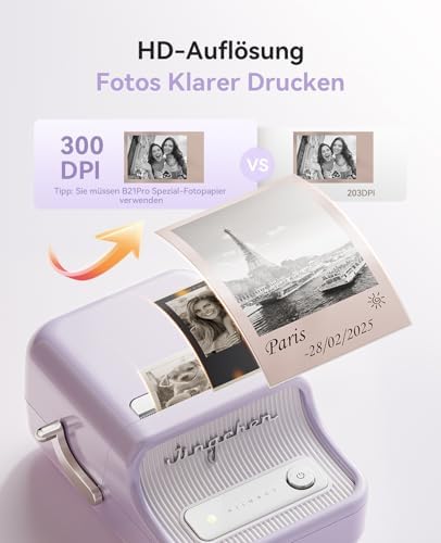 NIIMBOT Etikettendrucker B21 Pro, 300dpi Bluetooth Beschriftungsgerät für Lernen und Scrapbooking, Lila