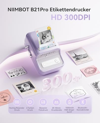 NIIMBOT Etikettendrucker B21 Pro, 300dpi Bluetooth Beschriftungsgerät für Lernen und Scrapbooking, Lila
